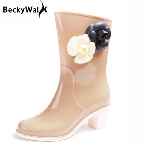 New Floral Women High Heels Rain Boots Fashion Ladies Rainboots PVC Rain Shoes High heeled ...