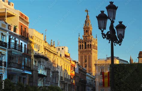 Famous tower of Giralda, Islamic architecture built by the Almohads and crowned by a Renaissance ...