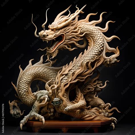 Traditional-style Japanese Dragon Carved from wood, the photo depicts ...