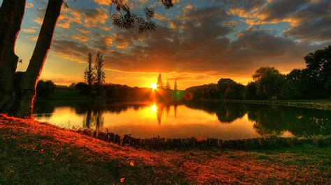 Sunset in forest lake wallpapers and images - wallpapers, pictures, photos