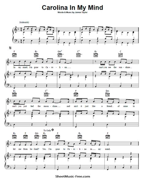 Carolina In My Mind Sheet Music James Taylor - ♪ SHEETMUSIC-FREE.COM