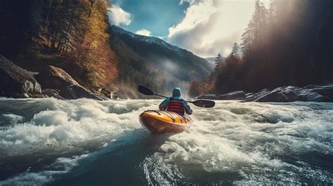 Premium AI Image | A Photo of a Kayaker Riding Rapids in a River