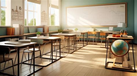 Premium AI Image | a classroom with tables and chairs and a white board ...