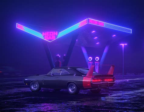 Neon gas station and retro car. Vintage cyberpunk auto. on Behance