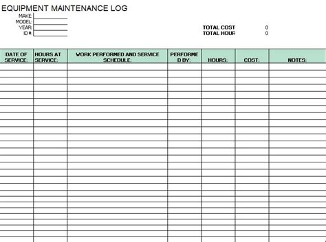 Printable Equipment Maintenance Log Template Excel