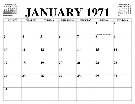 JANUARY 1971 CALENDAR OF THE MONTH: FREE PRINTABLE JANUARY CALENDAR OF ...