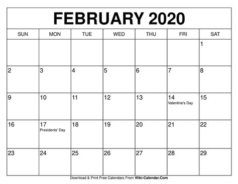 Free Printable February 2020 Calendars