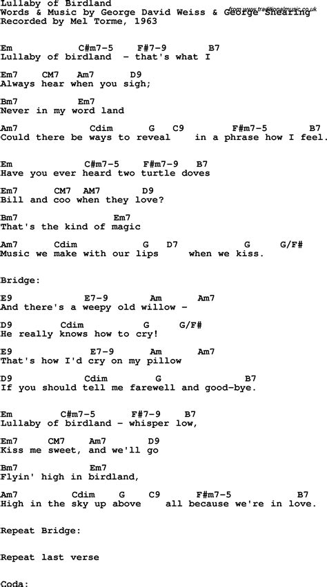 Song lyrics with guitar chords for Lullaby Of Birdland - Mel Torme, 1963