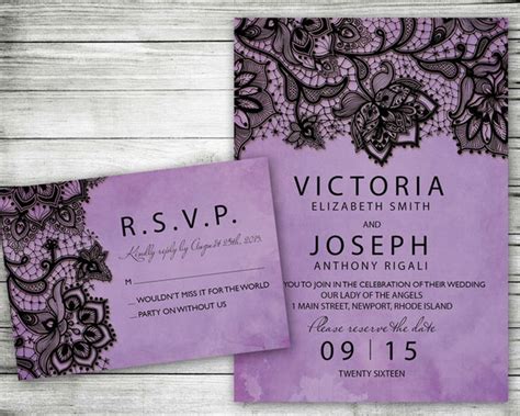 Wedding Invitation Purple Black Lace Printable Invite Set | Etsy