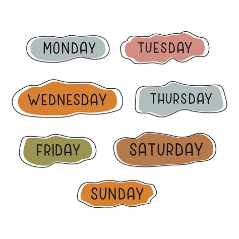 Handwritten days of the week monday, tuesday, wednesday, thursday, friday, saturday sunday ...