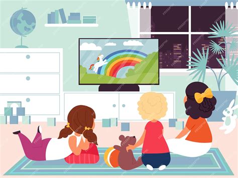 Premium Vector | Kids watching tv Child television children in room watch movie or cartoon ...