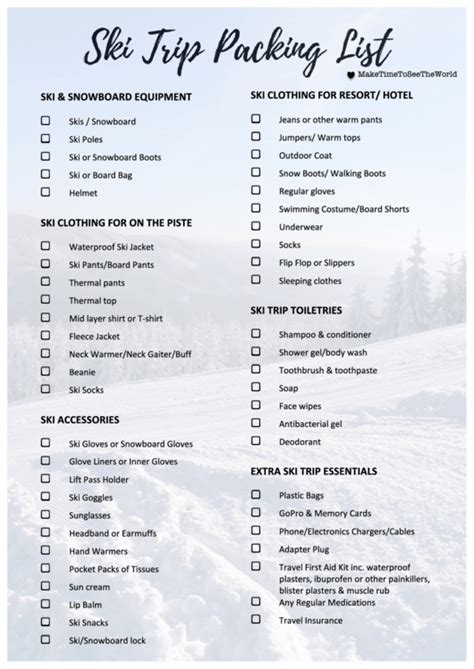 Ski Trip Packing List printable pdf download