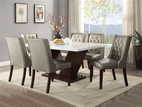 Forbes 7 Piece Dining Room Set in White Marble & Walnut Finish by Acme - 72120-70243