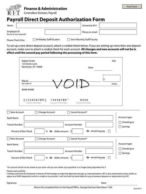 2011 Rochester Institute of Technology Payroll Direct Deposit Authorization Form Fill Online ...