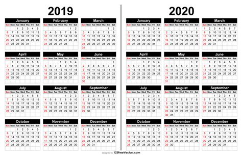 2019 and 2020 Calendar Printable Free Vector by 123freevectors on DeviantArt