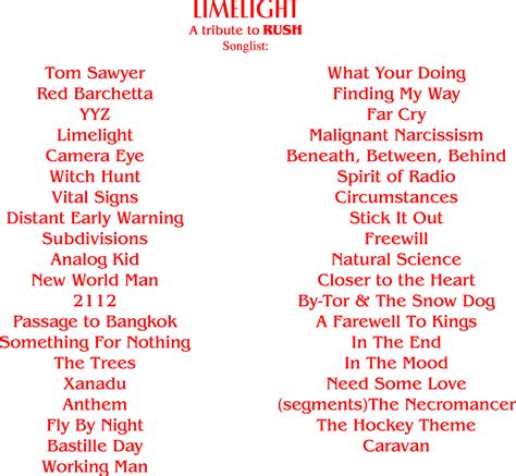 Limelight, a Tribute to Rush; Song List