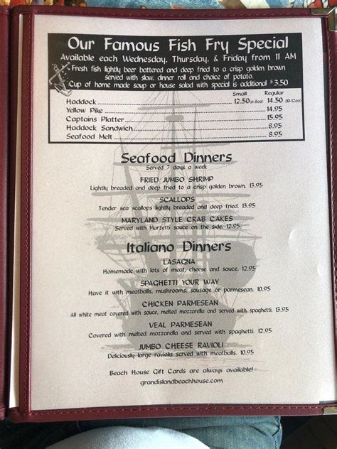 Menu at The Beach House restaurant, Grand Island