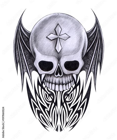 ภาพประกอบสต็อก Art Wings devil Skull Tattoo. Hand pencil drawing on paper. ภาพ | Adobe Stock