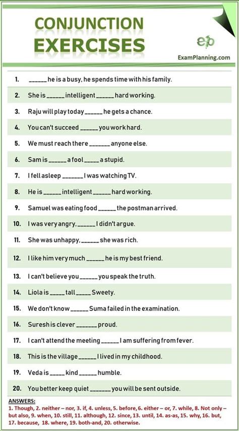 Conjunctions Exercises with Answers – ExamPlanning