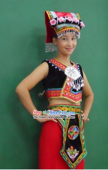 Traditional Chinese Zhuang Ethnic Clothing and Hat