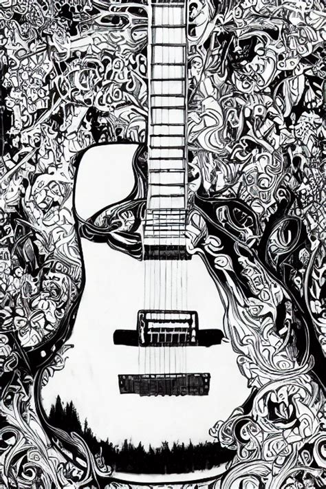 Black and White Line Art Coloring Book Page with Deep South Guitar in ...