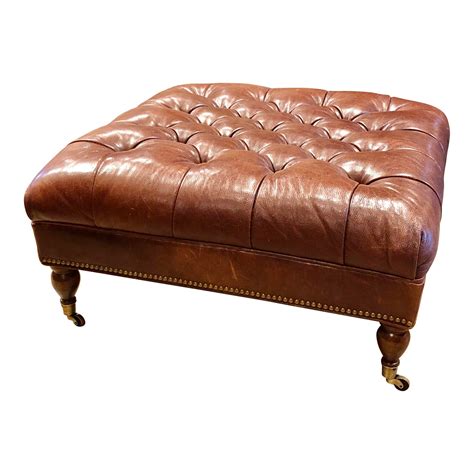 Southwood Brown Leather Tufted Ottoman | Chairish