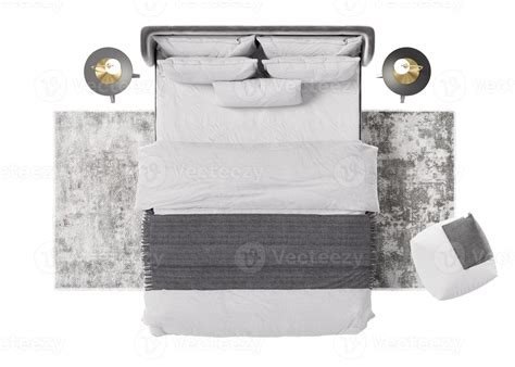 Double bed with carpet, pouf and lamps on white background, isolated. Top view. Gray and white ...