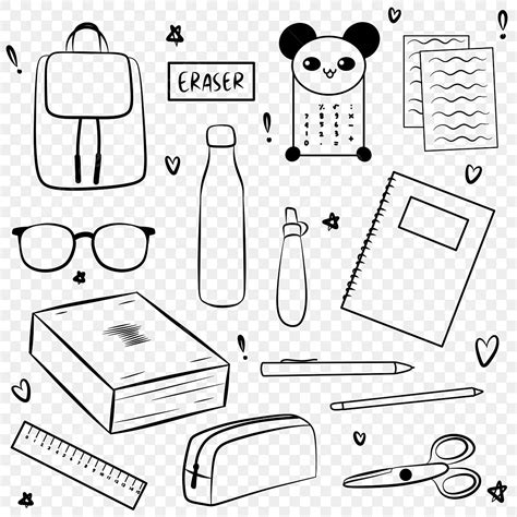 School Stationery Doodle Colorless, School Drawing, Stationery Drawing, Doodle Drawing PNG ...