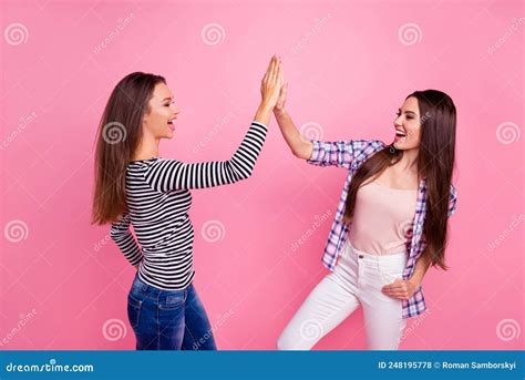 Portrait of Pretty Cheerful Girls Arm Palm Give High Five Each Other Isolated on Pink Color ...