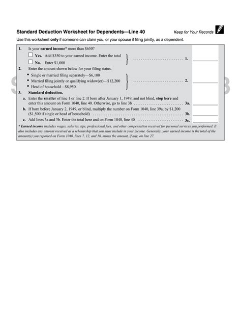 IRS Standard Deduction Worksheet for Dependents - Line 40 - Fill out ...