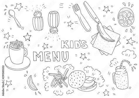 Black and white illustration for kids menu with burger, french fries ...