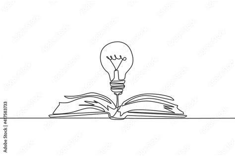 One single line drawing of shining light bulb above open text book logo identity. Knowledge ...