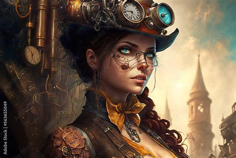 A portrait of an attractive steampunk style woman in the town. Created with Generative AI, no ...