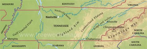 Physical map of Tennessee