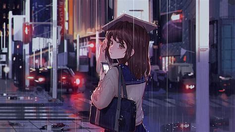 1366x768px | free download | HD wallpaper: anime girls, rain, brunette, city, urban | Wallpaper ...