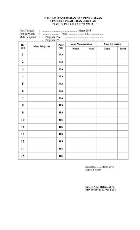 Daftar hadir pengawas ujian sekolah