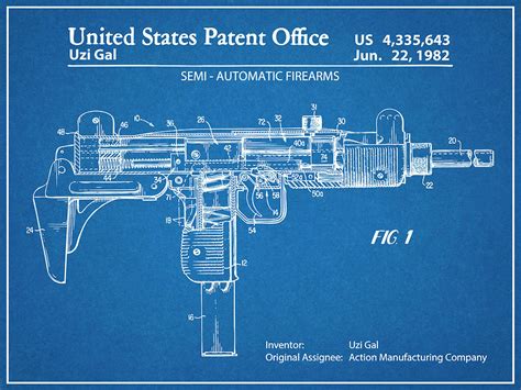 1982 Uzi Submachine Gun Blueprint Patent Print Drawing by Greg Edwards - Pixels