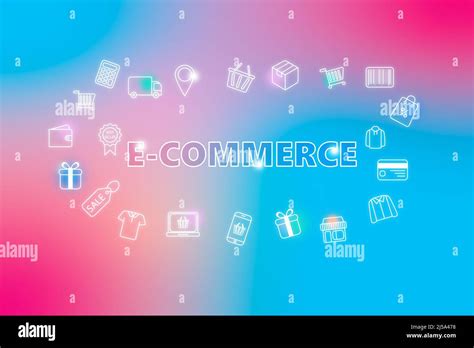 E-commerce - ecommerce web banner on blue and pink background. Various shopping icons. Online ...