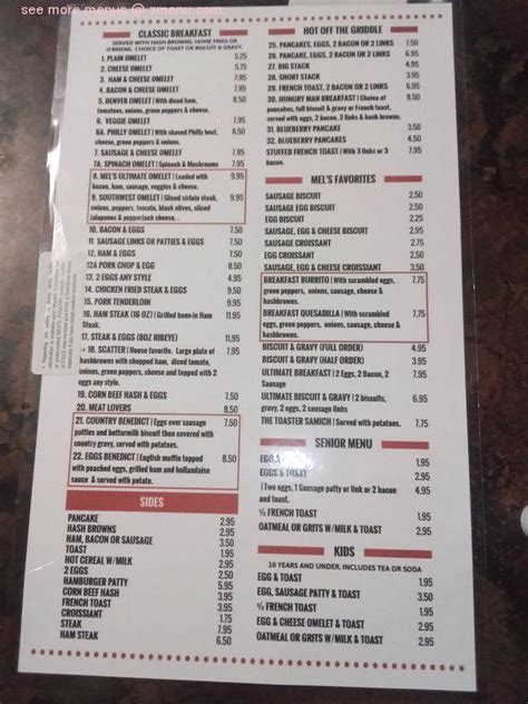 Menu at Mel's Diner restaurant, Mountain Home