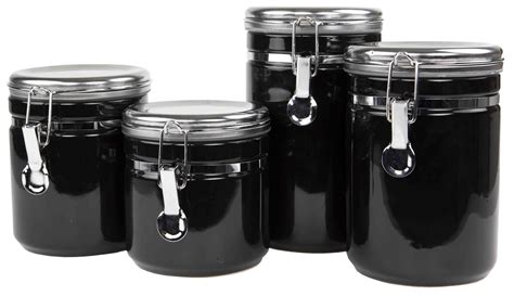 Home Basics Canister Set with Stainless Steel Tops, Black, 4 Piece, 25 oz, 33 oz, 40 oz, 45 oz ...