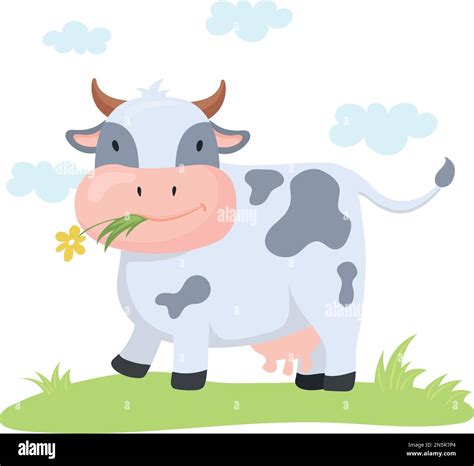 Happy cow eating grass on meadow. Cartoon smiling animal. Vector illustration Stock Vector Image ...