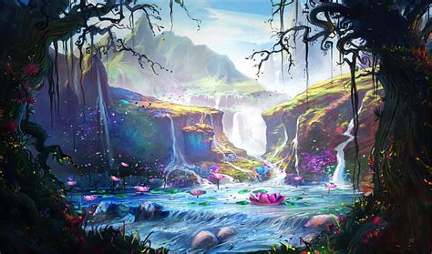 HD wallpaper: Fantasy, Landscape, Lake, Waterfall | Wallpaper Flare