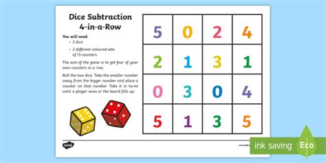 Four in a Row Dice Subtraction Game (teacher made)