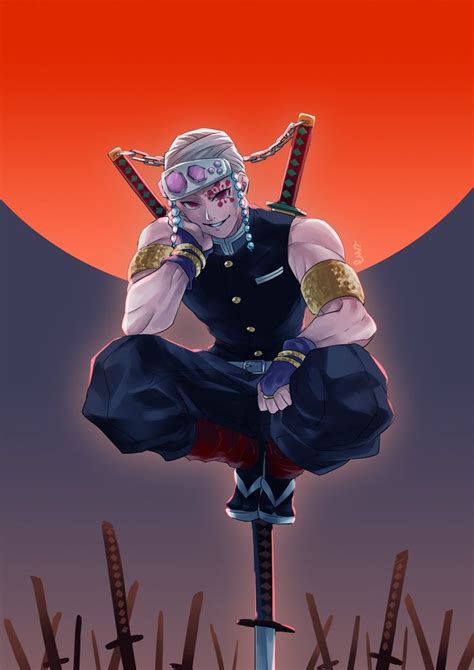 an anime character sitting on top of a pole with swords in his hands ...