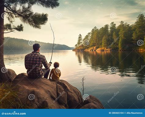 Silhouette of Father and Son Sitting Together on Rocks Fishing a Calm ...