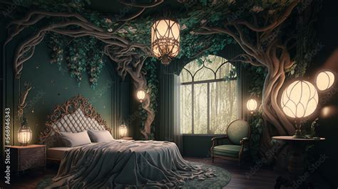 hotel bedroom interior in the style of fantasy enchanted forest ...