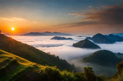 Premium Photo | A sunrise over the clouds with a mountain in the background