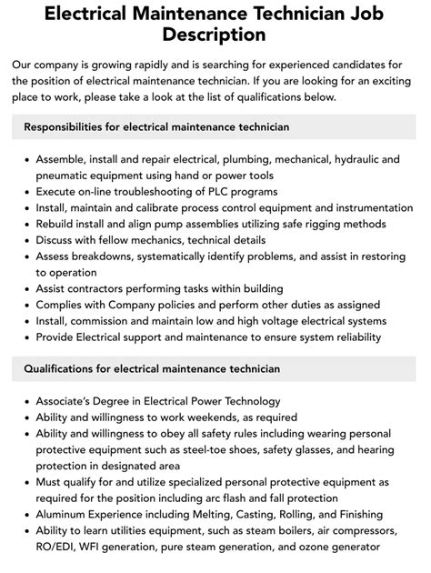 Electrical maintenance engineer roles and responsibilities pdf