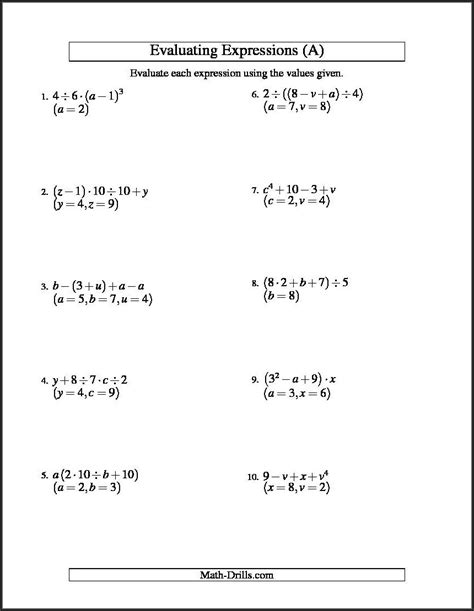 Evaluating Algebraic Expressions Worksheets - Printable Calendars AT A GLANCE