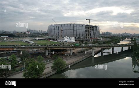 Aerial view. Construction of new football stadium for upcomming Indonesia Team. Jakarta ...